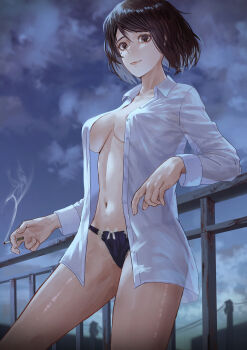 absurdres against_railing black_hair breasts brown_eyes cigarette cloud cloudy_sky commentary_request gino_(gino_h) highres holding holding_cigarette ieiri_shoko jujutsu_kaisen medium_breasts naked_shirt navel night open_clothes open_shirt panties railing shirt short_hair sky smoking underwear