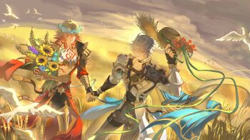 Rule 34 | 2boys, absurdres, antenna hair, arm tattoo, armlet, armor, black choker, black coat, black gloves, black pants, black shirt, blonde hair, blue cape, blue eyes, bouquet, braid, cape, chest tattoo, chinese commentary, choker, clawed gauntlets, coat, commentary request, earrings, facial tattoo, fingerless gloves, flower, flower wreath, gloves, gold earrings, gold necklace, gradient hair, hat, highres, holding, holding bouquet, holding hands, holding unworn clothes, holding unworn hat, honkai: star rail, honkai (series), jewelry, leg armor, male focus, medium hair, multicolored hair, multiple boys, mydei (honkai: star rail), neck tattoo, necklace, one eye closed, open clothes, open coat, pants, parted bangs, pauldrons, phainon (honkai: star rail), red cape, red hair, red tattoo, shirt, short hair, shoulder armor, side braid, side cape, single glove, single pauldron, straw hat, sun symbol, sun tattoo, sunflower, tan, tattoo, thigh strap, unworn hat, unworn headwear, wheat field, white coat, white hair, yaoi, yellow eyes, yuexili05034