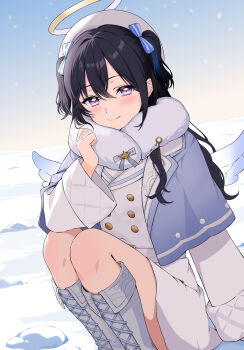 Rule 34 | 1girl, angel wings, belt, beret, black hair, blue bow, blue capelet, blue streaks, blue wings, boots, bow, buttons, capelet, closed mouth, commentary request, day, double-breasted, double-parted bangs, dress, dutch angle, eqbal lynx, feet out of frame, fur scarf, gradient wings, grey bow, hair between eyes, hair bow, halo, hat, highres, ichinose uruha, ichinose uruha (7th costume), knee boots, knees up, long hair, long sleeves, looking at viewer, multicolored hair, multicolored wings, outdoors, purple eyes, sitting, smile, snow, snowing, solo, streaked hair, two side up, virtual youtuber, vspo!, white belt, white boots, white dress, white hat, white wings, wings, yellow halo