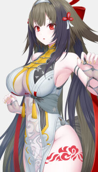 1girl absurdres animal_ears asamura_hiori bare_shoulders breasts brown_hair china_dress chinese_clothes dress highres large_breasts long_hair looking_at_viewer open_mouth pelvic_curtain red_eyes see-through_cleavage see-through_clothes side_slit solo tail white_dress ye_shunguang zenless_zone_zero