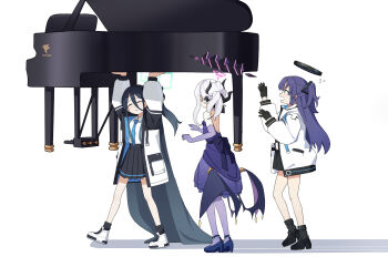 3girls absurdly_long_hair absurdres adon_(dufaladanidu) aqua_halo aris_(blue_archive) black_hair black_hairband black_halo black_horns black_skirt blue_archive blue_necktie commentary_request demon_horns demon_wings dress elbow_gloves evening_gown gloves grand_piano hair_between_eyes hairband halo highres hina_(blue_archive) hina_(dress)_(blue_archive) horns instrument jacket jacket_partially_removed long_hair long_hair_between_eyes long_sleeves mechanical_halo multiple_girls multiple_horns necktie official_alternate_costume official_alternate_hairstyle one_side_up open_mouth pantyhose piano pleated_skirt purple_dress purple_gloves purple_hair purple_pantyhose purple_wings rectangular_halo shirt simple_background skirt smile strapless strapless_dress two_side_up very_long_hair white_background white_hair white_shirt wings yuuka_(blue_archive)