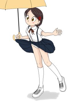 1girl black_skirt blush breasts brown_eyes brown_hair crotch_seam hair_ornament hairclip holding holding_umbrella kneehighs leaning_forward loli looking_down neck_ribbon original panties red_ribbon ribbon school_uniform sexless2012 shirt shoes short_hair short_sleeves skirt small_breasts sneakers socks standing standing_on_one_leg suspender_skirt suspenders umbrella underwear white_background white_panties white_shirt white_shoes white_socks wind wind_lift