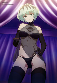 1girl absurdres amber_idanokan anime_coloring aquastar_inc. armpit_crease black_gloves black_panties black_thighhighs breasts cleavage clothes_lift collarbone copyright_name copyright_notice elbow_gloves from_below gloves green_eyes green_hair grin groin head_tilt highres jewelry kekkon_yubiwa_monogatari lifting_own_clothes lingerie looking_at_viewer looking_down magazine_scan medium_breasts megami_magazine navel negligee official_art panties parted_lips ring scan see-through_clothes short_hair smile solo thighhighs underwear wedding_ring