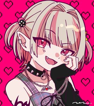 Rule 34 | 1girl, absurdres, bare shoulders, bat necklace, black arm warmers, black collar, blunt bangs, blush, chain, chain bracelet, chain necklace, collar, collarbone, colored inner hair, commentary, crop top, cross-laced clothes, cross-laced top, earclip, fang, grey hair, hair intakes, hand on own cheek, hand on own face, heart, heart background, highres, jewelry, looking at viewer, makaino ririmu, makaino ririmu (6th costume), multicolored hair, multicolored hair bobbles, necklace, nen twelve, nijisanji, no headwear, no jacket, o-ring collar, open mouth, pendant, pink hair, pink streaks, pixel heart, plaid clothes, pointy ears, portrait, raised eyebrow, red background, red eyes, short hair, shoulder tattoo, simple background, sleeveless, smile, solo, spiked collar, spikes, streaked hair, symbol-only commentary, tattoo, two-tone hair, two side up, virtual youtuber, wolf cut, zipper top