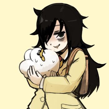 1girl backpack bag bags_under_eyes bird black_hair diva_(hyxpk) duck green_eyes highres hug jacket kuroki_tomoko messy_hair necktie red_necktie smile watashi_ga_motenai_no_wa_dou_kangaetemo_omaera_ga_warui! yellow_jacket