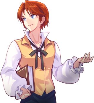 1boy artist_request black_pants black_ribbon blue_eyes book character_request collarbone collared_vest cowboy_shot grin high_collar holding holding_book long_sleeves male_focus neck_ribbon nexon official_art open_hand pants parted_hair popped_collar puffy_long_sleeves puffy_sleeves red_hair ribbon second-party_source shirt short_hair smile tales_weaver teeth transparent_background vest white_shirt white_sleeves wing_collar yellow_vest