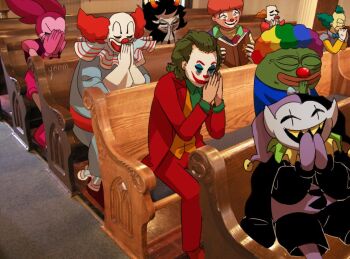 4chan afro batman_(series) bench black_hair black_shorts book character_request church closed_eyes clown clown_nose commentary copyright_request crossover dc_comics deltarune facepaint formal_clothes full_body gloves green_hair hat holding holding_book horns indoors jester_cap jevil krusty_the_clown makeup multicolored_hair multiple_crossover own_hands_clasped own_hands_together pants pepe_the_frog photo_background pointy_ears praying red_pants red_suit shorts signature sitting smile spinel_(steven_universe) steven_universe suit the_joker the_simpsons trait_connection twintails utdr_(toby_fox) white_gloves yereren