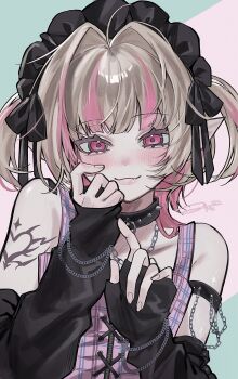 1girl arm_belt arm_strap bare_shoulders black_arm_warmers black_bow black_collar black_headdress blunt_bangs blush bow chain chain_bracelet chain_necklace collar collarbone colored_inner_hair crop_top cross-laced_clothes cross-laced_top fangs fangs_out grey_hair hair_bow hair_intakes hand_to_own_mouth hands_up heart heart_tattoo highres jewelry looking_at_viewer maid_headdress makaino_ririmu makaino_ririmu_(6th_costume) multicolored_hair necklace nijisanji no_headwear no_jacket odyuk1o22 pink_hair pink_streaks plaid_clothes pointy_ears red_eyes short_hair shoulder_tattoo signature simple_background sleeveless smile solo spiked_collar spikes streaked_hair tattoo two-tone_hair two_side_up upper_body virtual_youtuber white_background wolf_cut zipper_top