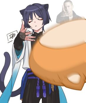 Rule 34 | 2boys, 49ibo240, animal ears, armor, artist name, belt, black belt, black bridal gauntlets, black hair, black shorts, blue sleeves, blunt ends, bridal gauntlets, cat boy, cat ears, cat tail, character request, closed eyes, closed mouth, covered collarbone, cowboy shot, eyeliner, eyeshadow, facing viewer, feathers, fingernails, frown, furisode, genshin impact, gold ring, hakama, hakama shorts, hand up, head tilt, japanese armor, japanese clothes, kimono, kote, kurokote, layered sleeves, makeup, male focus, mandarin collar, meme, middle ring, motion blur, multiple boys, open hand, pleated shorts, purple rope, purple sash, red eyeliner, red eyeshadow, rope, sash, scaramouche (genshin impact), short sleeves, shorts, shoulder peek, tail, tassel, tossing, wanderer (genshin impact), white background, white kimono, white sleeves, wispy bangs, woe plague be upon ye (meme), yellow feathers