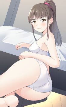 1girl ass barefoot bed bedroom bra breasts brown_eyes brown_hair closed_mouth commentary crotch_seam dutch_angle hair_ornament hair_scrunchie highres indoors leaning_on_object long_hair looking_at_viewer looking_back lying medium_breasts on_floor on_side original panties ponytail purple_scrunchie scrunchie smile solo thames3 underwear underwear_only white_bra white_panties wooden_floor