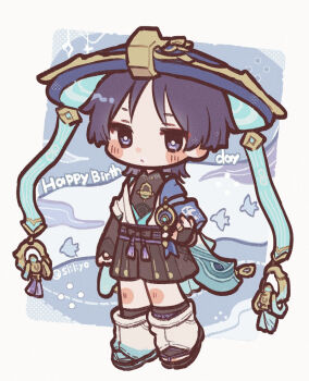 1boy animal_print arm_at_side armor belt bird_print black_belt black_bodysuit black_bow black_bridal_gauntlets black_hair black_sandals black_shorts blue_cape blue_gemstone blue_hat blue_kimono blunt_ends blush bodysuit border bow bridal_gauntlets bright_pupils cape closed_mouth expressionless eyeliner eyeshadow feathers full_body furisode gem genshin_impact gold gold_ring hakama hakama_shorts hand_up happy_birthday hat hoshizuki_chimama japanese_armor japanese_clothes jingasa juban kimono kote kurokote leg_warmers looking_at_viewer makeup male_focus mandarin_collar middle_ring open_clothes open_hand open_kimono pleated_shorts pom_pom_(clothes) purple_eyes purple_rope purple_sash red_eyeliner red_eyeshadow rope sandals sash scaramouche_(genshin_impact) short_sleeves shorts shoulder_peek solo standing tassel twitter_username vision_(genshin_impact) wanderer_(genshin_impact) white_border white_kimono white_leg_warmers white_pupils white_sleeves white_trim wispy_bangs yellow_feathers zouri