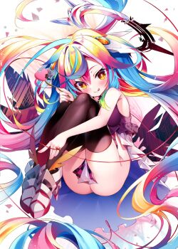 1girl :p absurdly_long_hair absurdres ahoge ankle_boots bilingual_commentary black_thighhighs blonde_hair blue_hair blush boots breasts bright_pupils commentary commentary_request english_commentary fang floating_hair fusen_haru gradient_hair green_hair hair_between_eyes halo headgear heart high_heel_boots high_heels highres holding huge_ahoge knees_up long_hair looking_at_viewer luminaria_pro medium_breasts mixed-language_commentary multicolored_hair ochite_miro orange_hair pink_hair purple_hair red_hair skin_fang solo string string_of_fate thighhighs tongue tongue_out very_long_hair virtual_youtuber white_pupils winged_boots yellow_eyes