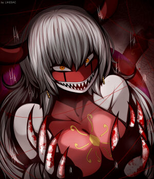 1girl archnemon arthropod_girl artist_name bare_shoulders blood colored_skin commentary digimon digimon_(creature) earrings english_commentary evil_smile highres insect_girl jewelry laughing likesac long_hair open_mouth red_skin sharp_teeth silk smile solo spider_girl spider_web teeth white_hair yellow_eyes