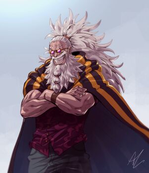 1boy absurdres audiloki beard braid braided_beard clenched_teeth cloak commentary crossed_arms english_commentary facial_hair grey_hair highres long_hair male_focus mustache old old_man one_piece pink-tinted_eyewear ponytail round_eyewear scopper_gaban short_sleeves signature simple_background smile solo standing striped_cape sunglasses teeth tinted_eyewear yellow-framed_eyewear