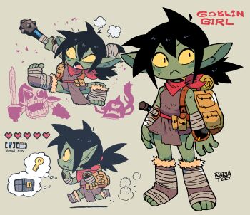 1girl :&lt; absurdres bandaged_arm bandaged_leg bandages black_hair breasts character_name colored_sclera fang fantasy female_goblin full_body goblin goblin_girl_(rariatoo) heart highres holding holding_stick looking_at_viewer medium_breasts mixed-language_commentary original rags rariatto_(ganguri) red_scarf running scarf sketch_background solo_focus stick underbite yellow_sclera