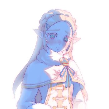 Rule 34 | 00bbb lz, 1girl, blue ribbon, blush, braid, capelet, coat, crown braid, fur-trimmed capelet, fur trim, furrowed brow, gold trim, green eyes, hair ornament, hairclip, nintendo, official alternate costume, parted bangs, pointy ears, princess zelda, ribbon, sidelocks, solo, the legend of zelda, the legend of zelda: breath of the wild, triforce, upper body, white background, white capelet, white coat, winter clothes, winter clothes (zelda)