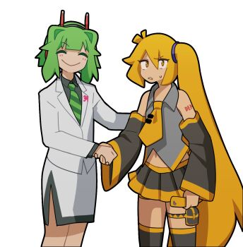 1girl 1other 39chan akita_neru alien alternate_costume antennae arm_tattoo black_boots black_skirt black_sleeves boots cellphone closed_eyes closed_mouth collared_shirt commentary detached_sleeves drawfag flip_phone formal_clothes green_hair green_necktie grey_shirt hair_intakes headphones highres holding holding_phone long_hair medium_hair navel navel_peek necktie phone pocket ponytail shirt skirt small_sweatdrop smile striped_necktie suit tattoo the_office transparent_background tsukuyomi_sena utau very_long_hair vocaloid wide_sleeves yellow_necktie yellow_trim young_michael_scott_shaking_ed_truck&#039;s_hand_(meme)