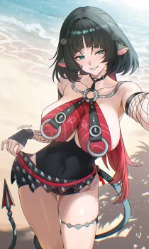 1girl absurdres animal_ears arms_up beach black_gloves black_hair blue_eyes blush breasts ear_piercing fishnet_sleeves fishnets from_above gloves highres jane_doe_(nocturne_of_light)_(zenless_zone_zero) jane_doe_(zenless_zone_zero) large_breasts looking_at_viewer mouse_ears mouse_girl multicolored_hair nail_polish piercing raised_eyebrows red_hair seductive_smile self-upload selfie smile swimsuit thighs two-tone_hair white_kojinak zenless_zone_zero