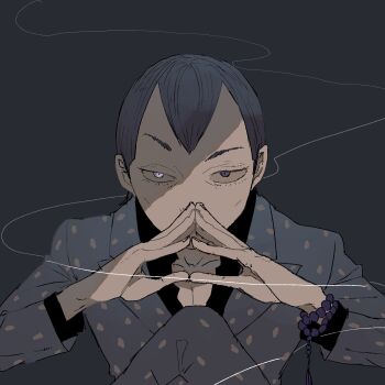 1boy bad_id bad_twitter_id bead_bracelet beads bracelet formal_clothes grey_background grey_eyes grey_suit heterochromia highres hikawa_(megami_tensei) jewelry looking_at_viewer male_focus own_hands_together partially_shaded_face raised_eyebrow shadow shin_megami_tensei shin_megami_tensei_iii:_nocturne solo suit upper_body white_eyes yuruse_(yuruse21)