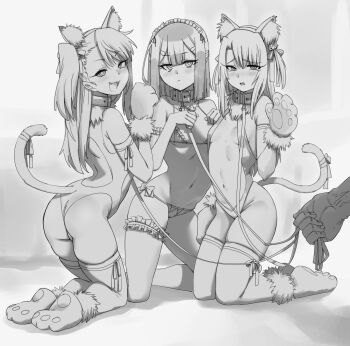 1boy 3girls animal_ear_fluff animal_ears animal_hands bell bikini blush breasts cat_ears cat_tail center_opening chloe_von_einzbern collar embarrassed fake_animal_ears fake_tail fang fate/kaleid_liner_prisma_illya fate_(series) gloves greyscale hair_bell hair_ornament heart heart-shaped_pupils highres holding holding_leash illyasviel_von_einzbern karmaniac kneeling leash leotard loli long_hair maid maid_bikini maid_headdress medium_hair micro_bikini midriff miyu_edelfelt monochrome multiple_girls naughty_face navel parted_bangs paw_gloves paw_pose paw_shoes pet_play side_ponytail small_breasts smug stomach swimsuit symbol-shaped_pupils tail tearing_up thighhighs unconventional_maid
