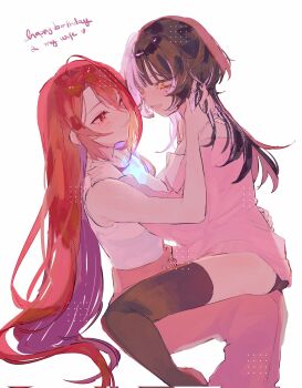 2girls artist_request black_hair black_thighhighs blush cardigan closed_mouth commentary corrupted_twitter_file elizabeth_rose_bloodflame english_commentary gift_art hand_on_another's_shoulder highres hololive hololive_english long_hair multicolored_hair multiple_girls open_mouth pants pink_cardigan pink_pants purple_hair red_eyes red_hair second-party_source shiori_novella shirt simple_background sitting sitting_on_lap sitting_on_person smile thighhighs two-tone_hair virtual_youtuber white_background white_shirt yellow_eyes yuri