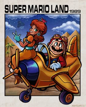 1boy 1girl aircraft airplane anniversary artist_name blue_eyes blue_overalls brown_hair cloud copyright_name crown dress facial_hair gloves goggles goggles_on_headwear helmet high_heels highres mario mario_(series) maticomics64 mustache nintendo orange_dress overalls princess_daisy pyramid_(structure) red_shirt shirt sitting smile super_mario_land v white_gloves