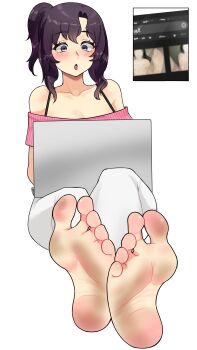 amelia_moreau blush computer crossed_legs dirty dirty_feet embarrassed feet foot_focus greek_toe highres original panels pov purple_eyes purple_hair shy soles surprised toes