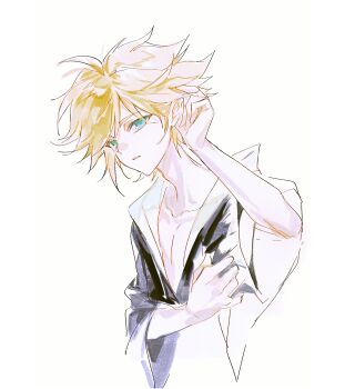 Rule 34 | 1boy, adjusting hair, ahoge, alternate costume, aotu world, black kimono, blonde hair, blue eyes, chinese clothes, chinese commentary, collarbone, hand in own hair, hand up, hanfu, highres, japanese clothes, kimono, king (aotu world), looking at viewer, male focus, oreoc, parted lips, pectoral cleavage, pectorals, pointy ears, robe, short hair, simple background, sketch, solo, spiked hair, upper body, white background, white hanfu, wide sleeves