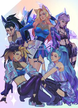 5girls ahri_(league_of_legends) akali animal_ears aqua_hair black_hair blonde_hair breasts demon_girl evelynn_(league_of_legends) fox_ears fox_girl fox_tail hele_bun highres k/da_all_out_ahri k/da_all_out_akali k/da_all_out_evelynn k/da_all_out_kai&#039;sa k/da_all_out_seraphine_superstar kai&#039;sa league_of_legends long_hair looking_at_viewer medium_breasts multiple_girls ponytail seraphine_(league_of_legends) sitting tail very_long_hair white_hair