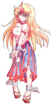 1girl alcohol alphes_(style) blonde_hair breasts chain commentary_request cuffs cup dairi defeat full_body geta highres horns hoshiguma_yuugi large_variant_set leaf_print long_hair long_skirt medium_breasts panties parody parted_bangs print_skirt puffy_short_sleeves puffy_sleeves sake see-through_clothes shackles shirt short_sleeves single_horn skirt solo standing style_parody tachi-e torn_clothes touhou transparent_background underwear variant_set white_shirt