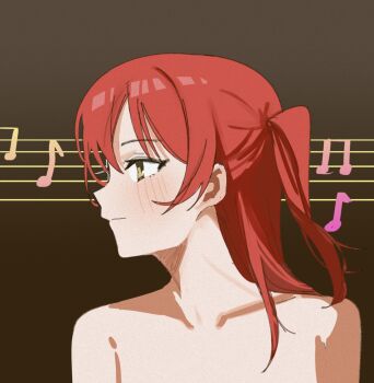 1girl blush bocchi_the_rock! brown_background closed_mouth collar commentary_request don't_say_"lazy" genre_connection haidao_mao highres k-on! kita_ikuyo long_hair nude one_side_up red_hair solo upper_body yellow_eyes