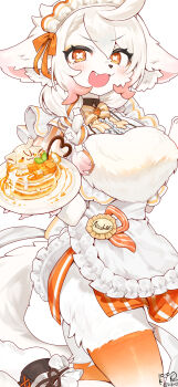 1boy absurdres animal_ears animal_hands apron badge blush bow bowtie braid breasts brooch character_name dress fang fangs food fox fox_boy fox_tail frilled_dress frills furry furry_male gradient_hair hair_bow hair_ribbon heart highres holding holding_plate jewelry large_breasts leg_up maid maid_apron maid_headdress male_focus multicolored_hair nashinoro_kikuri niisha_(nashinoro_kikuri) open_mouth orange_bow orange_eyes orange_thighhighs original pancake plaid_clothes plaid_skirt plate ribbon sheep_ears short_hair side_braid simple_background skirt smile solo spoon standing striped_clothes symbol-shaped_pupils syrup tail thighhighs tongue tongue_out trap white_background white_dress white_fur white_hair x-shaped_pupils