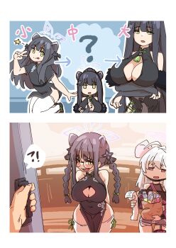 !? 1boy 2girls ? absurdres aged_down animal_ear_fluff animal_ears arms_behind_back arms_under_breasts black_dress black_hair blue_archive blush braid breasts china_dress chinese_clothes cleavage_cutout clothing_cutout dress extra_ears green_eyes halo highres long_hair looking_at_viewer mabufuyo mouse_ears mouse_girl multiple_girls open_mouth oppai_loli round_eyewear saya_(blue_archive) saya_(casual)_(blue_archive) short_sleeves shun_(blue_archive) shun_(small)_(blue_archive) smile thighhighs tiger_ears tiger_girl translation_request twin_braids twintails v white_thighhighs