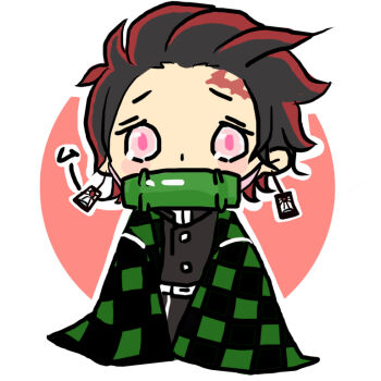 Rule 34 | 1boy, antasu, bamboo, belt, bit gag, black hair, black jacket, black pants, blush stickers, border, buttons, checkered clothes, checkered kimono, chibi, commentary request, cosplay, demon boy, demon slayer uniform, earrings, full body, furrowed brow, gag, gagged, green kimono, hair slicked back, jacket, japanese clothes, jewelry, kamado nezuko, kamado nezuko (cosplay), kamado tanjirou, kimetsu no yaiba, kimono, looking at viewer, male focus, multicolored hair, no sclera, ofuda earrings, outline, outside border, pants, pink background, pink eyes, pleading eyes, red hair, round border, scar, scar on face, scar on forehead, short hair, simple background, solo, sound effects, standing, straight-on, two-tone hair, white belt, white outline
