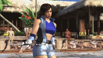 1boy 1girl animated animated_gif ass bikini breasts cousins crowd gloves ignoring kazama_asuka kazama_jin legs muscular pointing swimsuit taunting tekken topless_male looking_back unzipped victory_pose walking walking_away water waterfall