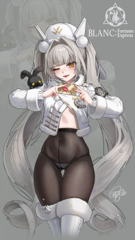 1girl ;) absurdres black_pantyhose blanc_(fortune_express)_(nikke) blanc_(nikke) boots breasts character_name coat commentary covered_navel fur-trimmed_boots fur_trim goddess_of_victory:_nikke grey_background grey_hair hair_intakes highres long_hair looking_at_viewer official_alternate_costume official_alternate_hairstyle one_eye_closed panties panties_under_pantyhose pantyhose sagle small_breasts smile solo twintails underwear very_long_hair white_boots white_coat white_panties winter_clothes winter_coat yellow_eyes zoom_layer