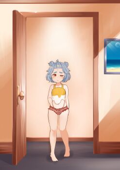 1girl bikini blue_hair breasts highleg highleg_bikini highleg_panties indoors neqo_(character) neqo_(neneneqo) panties red_eyes see-through_clothes small_breasts solo swimsuit tagme underwear