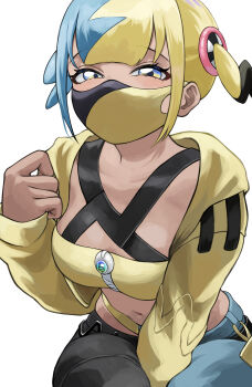 1girl absurdres aqua_hair bandeau between_legs blonde_hair breasts canari_(pokemon) commentary_request dark-skinned_female dark_skin fengling_(furin-jp) gradient_eyes hand_between_legs hand_up highres jacket looking_at_viewer mask medium_breasts mega_stone midriff mouth_mask multicolored_eyes multicolored_hair navel nintendo pants pokemon pokemon_legends:_z-a simple_background sitting solo split-color_hair twintails two-tone_pants white_background yellow_bandeau yellow_jacket zipper_pull_tab