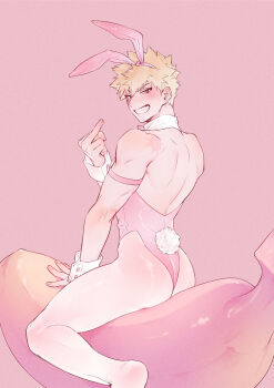 1boy animal_ears ass back bakugou_katsuki blonde_hair blush boku_no_hero_academia crossdressing crossdressing_(mtf) detached_collar fake_animal_ears grin highres leotard lycik_98 male_focus male_playboy_bunny middle_finger pantyhose protected_link rabbit_ears rabbit_tail red_eyes scar see-through_pantyhose short_hair smile solo spiked_hair strapless strapless_leotard tail teeth thighs white_pantyhose wrist_cuffs