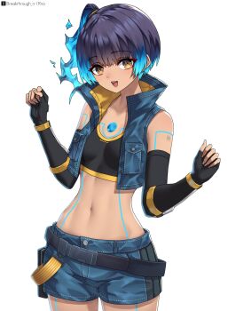 1girl bare_shoulders belt blue_hair breasts brown_eyes crop_top cropped_jacket dark-skinned_female dark_skin elbow_gloves fingerless_gloves gloves medium_hair riro_(breakthrough_rr) sena_(xenoblade) shorts side_ponytail sleeveless small_breasts tattoo white_background xenoblade_chronicles_(series) xenoblade_chronicles_3