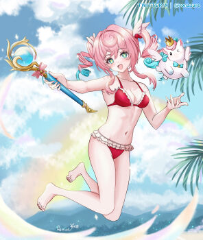 1girl absurdres aqua_eyes aqua_hair barefoot bikini blue_sky breasts cleavage cloud commentary english_commentary highres holding holding_staff honkai:_star_rail honkai_(series) hyacine_(honkai:_star_rail) little_ica_(honkai:_star_rail) medium_hair multicolored_hair navel ocean open_mouth outdoors pegasus pink_hair rainbow red_bikini sky small_breasts smile staff stomach swimsuit twintails twitter_username two-tone_hair xing_mi&#039;en