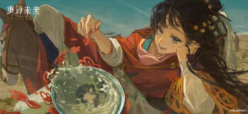 Rule 34 | 2girls, :d, black boots, black hair, blue eyes, blue sky, boots, bowl, chinese clothes, chinese paper-cut, copyright name, copyright notice, day, facial mark, feet out of frame, forehead mark, hand up, hanfu, head rest, highres, knee up, logo, long hair, looking at viewer, lying, lying on animal, mayfly (reverse:1999), mole, mole above eye, mule, multiple girls, official art, official wallpaper, on side, open mouth, outdoors, pants, paper heron, papercutting, red hanfu, reflection, reflective liquid, reverse:1999, simple bird, sky, smile, solo focus, teeth, upper teeth only, white pants