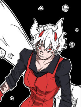 apron beelzebub_(helltaker) black_apron black_horns black_suit black_tail bug business_suit demon demon_girl demon_horns demon_tail extra_eyes fly formal_clothes freckles gloves helltaker helltaker_(character) helltaker_dance horns insect original pants portal_(object) red_gloves red_pants red_shirt red_suit red_sweater ryoumen_sukuna_(jujutsu_kaisen) shirt suit sweater tail triplets vanripper_(style) vest waistcoat white_hair white_horns