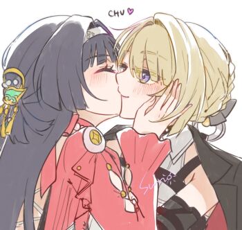 2girls astra_yao black_hair blonde_hair blush closed_eyes closed_mouth commentary dress evelyn_chevalier hair_over_hairband multiple_girls purple_eyes red_dress shirt simple_background smile sun_(knp_ta1y0) white_background white_shirt yuri zenless_zone_zero