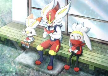 blush cinderace closed_eyes closed_mouth commentary_request eating evolutionary_line fang food fruit furry gen_8_pokemon happy holding looking_down nintendo o3o open_mouth pokemon pokemon_(creature) raboot scorbunny sitting smile tem_(mimoteurur013) tongue watermelon watermelon_seeds