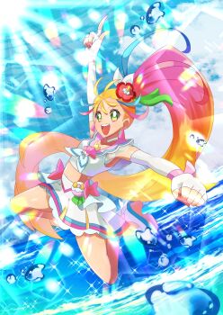 Rule 34 | 1girl, absurdres, arm up, blonde hair, commentary request, cure summer, eyelashes, fingerless gloves, gloves, gradient hair, green eyes, highres, index finger raised, long hair, magical girl, midriff, multicolored hair, ocean, omega takai, open mouth, precure, shirt, skirt, solo, tropical-rouge! precure, white gloves, white shirt, white skirt