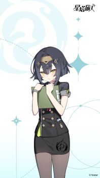 Rule 34 | 1girl, amber (stella sora), amber (united harvest) (stella sora), black hair, black jacket, black pantyhose, black skirt, blue background, blush, buttons, chinese commentary, clipboard, closed mouth, commentary request, copyright logo, copyright notice, double-breasted, feet out of frame, highres, holding, holding clipboard, jacket, logo, looking at viewer, miniskirt, nervous, official art, pantyhose, pencil skirt, short-sleeved jacket, short hair, short sleeves, skirt, solo, stella sora, sweatdrop, yellow eyes