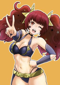 Rule 34 | 1girl, absurdres, alternate costume, alternate hairstyle, bikini day, breasts, cianter, cleavage, facial mark, fire emblem, fire emblem engage, hair ornament, hashtag-only commentary, highres, large breasts, long hair, looking at viewer, nintendo, open mouth, red eyes, red hair, smile, solo, star (symbol), star facial mark, star hair ornament, twintails, yunaka (fire emblem)