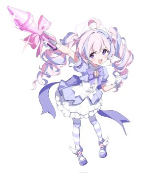 1girl 2t_(vmyz7342) :d ahoge blue_archive bow bowtie dress drill_hair frills full_body gloves hair_ornament halo highres holding holding_rocket_launcher holding_weapon long_hair magical_girl multicolored_hair official_alternate_costume open_mouth pantyhose pink_hair pink_halo puffy_sleeves purple_bow purple_bowtie purple_eyes purple_hair purple_pantyhose reisa_(blue_archive) reisa_(magical)_(blue_archive) rocket_launcher rpg rpg-7 rpg_(weapon) shoes short_sleeves simple_background smile solo sparkle star_(symbol) star_hair_ornament star_halo striped_clothes striped_pantyhose thighhighs twin_drills twintails two-tone_hair two-tone_pantyhose weapon white_background white_gloves wing_hair_ornament winged_shoes wings