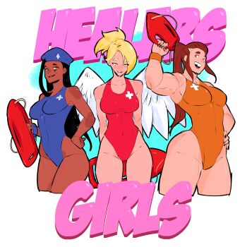 Rule 34 | 3girls, absurdres, alternate costume, ana (overwatch), angel wings, aqua background, asymmetrical hair, beret, biceps, black hair, black lips, black nails, blonde hair, blue hat, blue one-piece swimsuit, breasts, brigitte (overwatch), brown eyes, brown hair, captain amari, collarbone, cowboy shot, cropped legs, cross, dark skin, deltoids, english text, facial mark, feathered wings, greek cross, green eyes, hair ornament, hair pulled back, hairclip, hat, highleg, highleg one-piece swimsuit, highres, holding, large breasts, lifeguard, long hair, looking at viewer, medium breasts, mercy (overwatch), multiple girls, muscular, muscular female, one-piece swimsuit, orange one-piece swimsuit, overwatch, panda rojo art, ponytail, red one-piece swimsuit, rescue board, sidelocks, simple background, single sidelock, smile, swimsuit, torpedo buoy, wings, yellow eyes